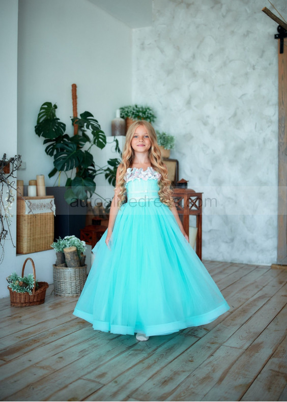 Turquoise Tulle 3D Flowers Flower Girl Dress